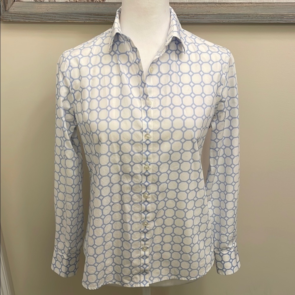 Lands' End Fitted Long Sleeve Button Down Shirt Blue White EUC